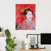 Japanese Geisha with red umbrella original art ポスター (ホームオフィス)