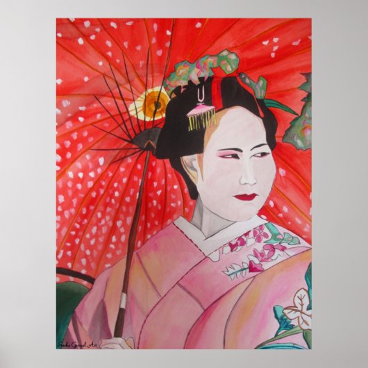 Japanese Geisha with red umbrella original art ポスター (正面)