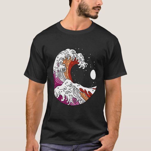 Japanese Great Wave Lesbian Pride Flag WlW Gay Gir Tシャツ (正面)