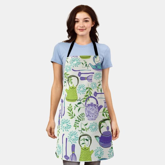 Japanese Green Teapot Design エプロン (着用した状態)
