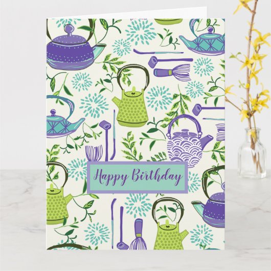 Japanese Green Teapot Design カード (黄色い花)