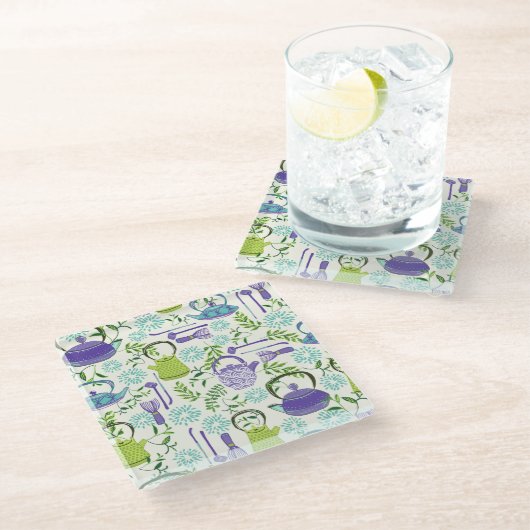 Japanese Green Teapot Design ガラスコースター (アングル)