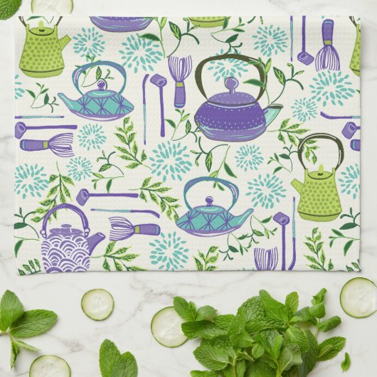 Japanese Green Teapot Design キッチンタオル (折り畳み)