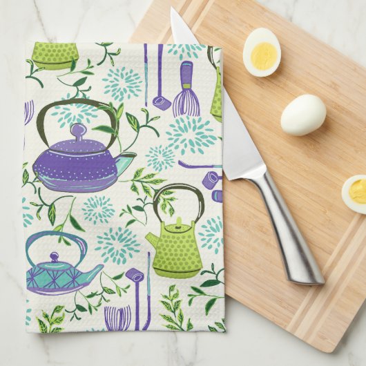 Japanese Green Teapot Design キッチンタオル (四つ折り)