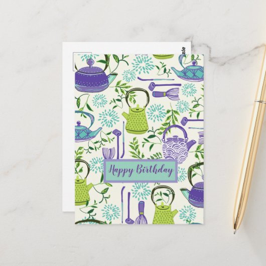 Japanese Green Teapot Design ポストカード (正面/裏面インサイチュ)