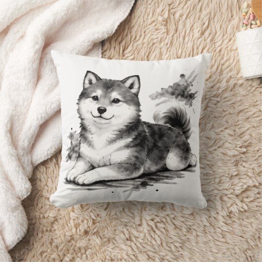【Japanese Ink Puppy Throw Pillow】 クッション (ブランケット)