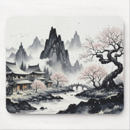 Japanese Ink Wash Landscape Mouse Pad - Zen Sakura マウスパッド