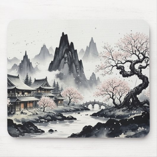 Japanese Ink Wash Landscape Mouse Pad - Zen Sakura マウスパッド (正面)