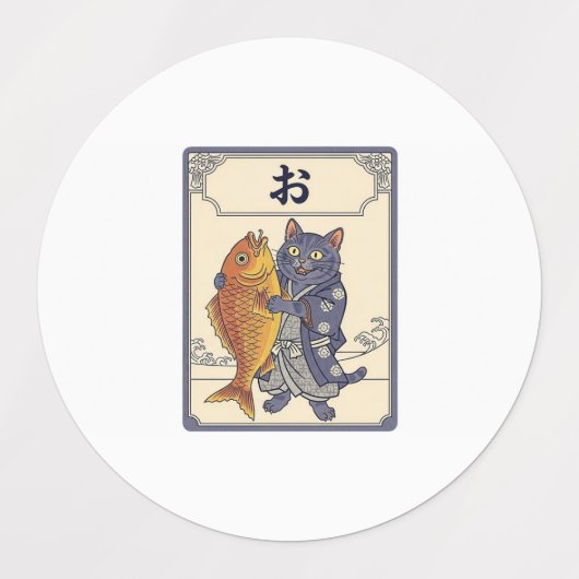 Japanese Karuta Cat with Tai Fish ラベル (デザイン1)