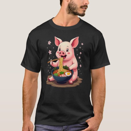 Japanese Kawaii Pig Eating Ramen Tシャツ (正面)