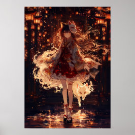 Japanese Kitsune Miko Anime Fantasy Night Festiva ポスター