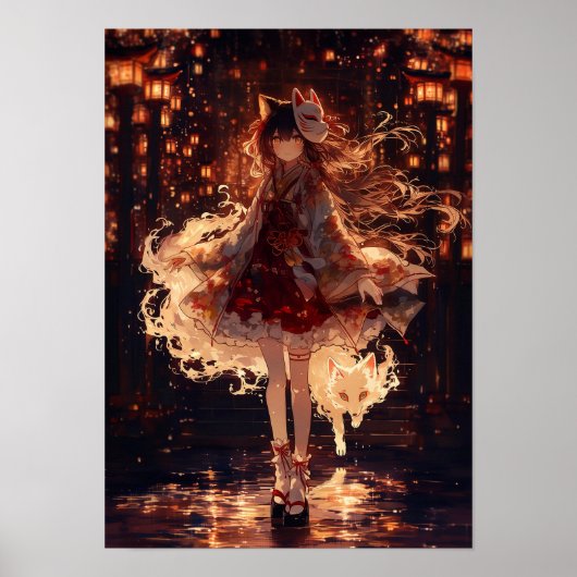 Japanese Kitsune Miko Anime Fantasy Night Festiva ポスター (正面)