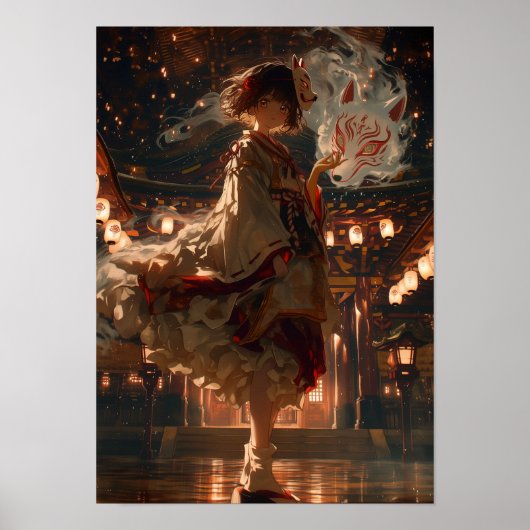 Japanese Kitsune Miko Shrine Maiden Anime Fantasy ポスター (正面)