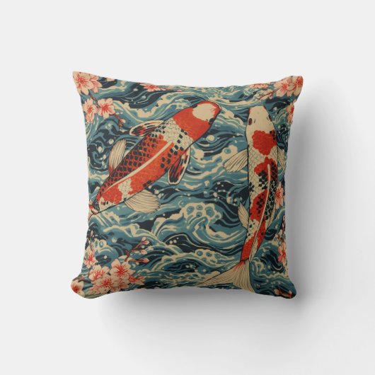 Japanese Koi Fish & Cherry Blossom— Ukiyo-e Wave  クッション (正面)