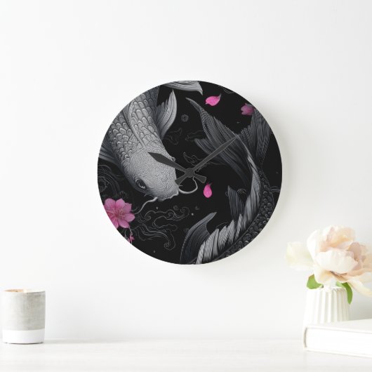 Japanese Koi Fish Dark Mode ラージ壁時計 (ホーム)