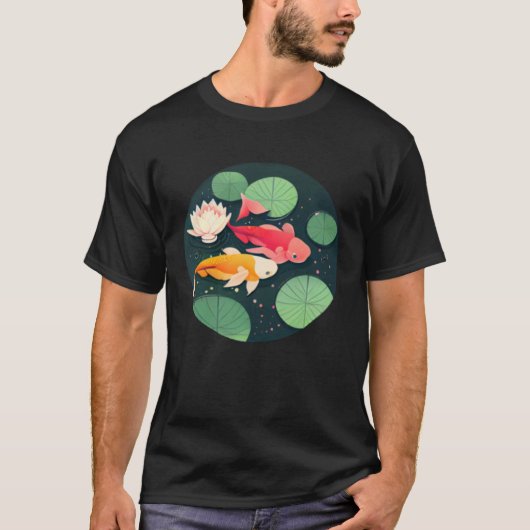 Japanese Koi fish in pond with lilly pads and lotu Tシャツ (正面)