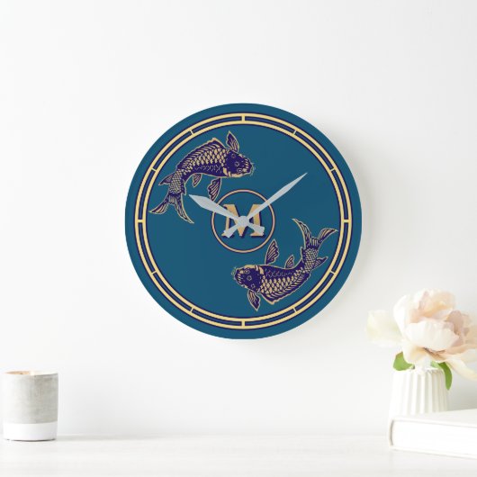Japanese Koi Fish Monogram ラージ壁時計 (ホーム)