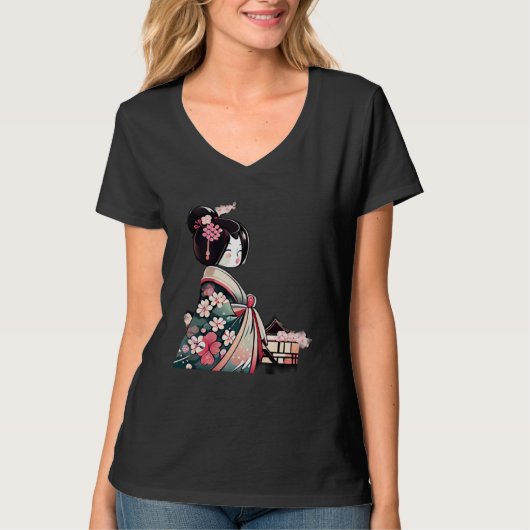 Japanese Lady Geisha with cherry blossoms Tシャツ (正面)
