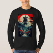 Japanese Landscape Mountains Valley Tower Sunset Tシャツ (正面)