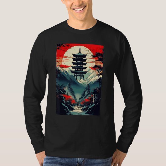 Japanese Landscape Mountains Valley Tower Sunset Tシャツ (正面)