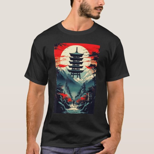 Japanese Landscape Mountains Valley Tower Sunset Tシャツ (正面)