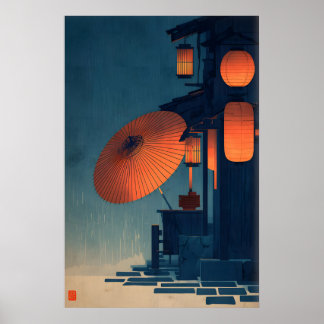 Japanese Lantern Night Scene Wall Art Rainy Street ポスター