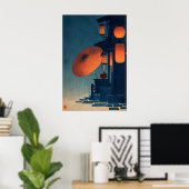 Japanese Lantern Night Scene Wall Art Rainy Street ポスター (ホームオフィス)