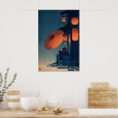 Japanese Lantern Night Scene Wall Art Rainy Street ポスター (キッチン)