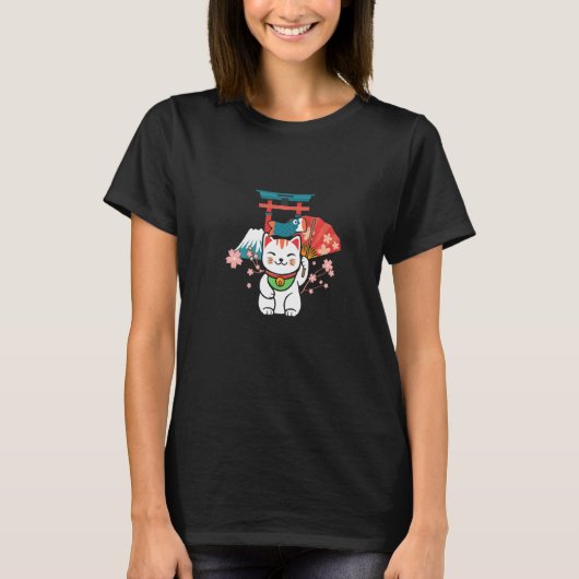 Japanese Lucky Cat Sakura Torii Tシャツ (正面)