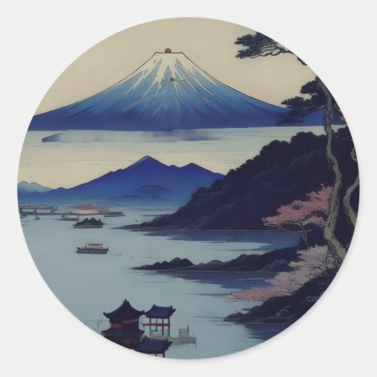 Japanese Mount Fuji Landscape Ukiyo-e Stickers  ラウンドシール (正面)
