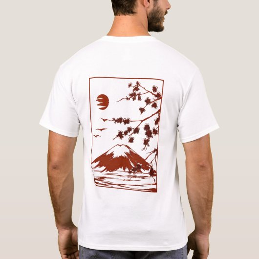 Japanese Mountain Sunset Sakura Blossom art  Tシャツ (裏面)