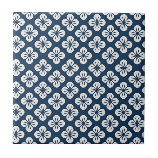 Japanese Navy Blue Ivory Floral Geometric Pattern タイル (正面)