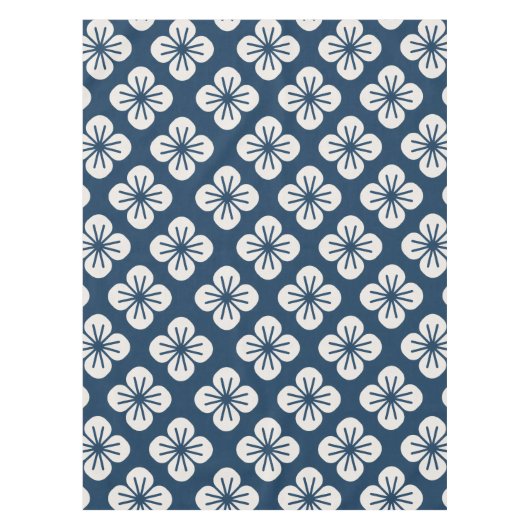 Japanese Navy Blue Ivory Floral Geometric Pattern テーブルクロス (正面)