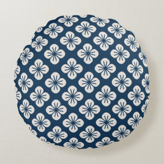 Japanese Navy Blue Ivory Floral Geometric Pattern ラウンドクッション
