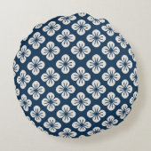 Japanese Navy Blue Ivory Floral Geometric Pattern ラウンドクッション (裏面)