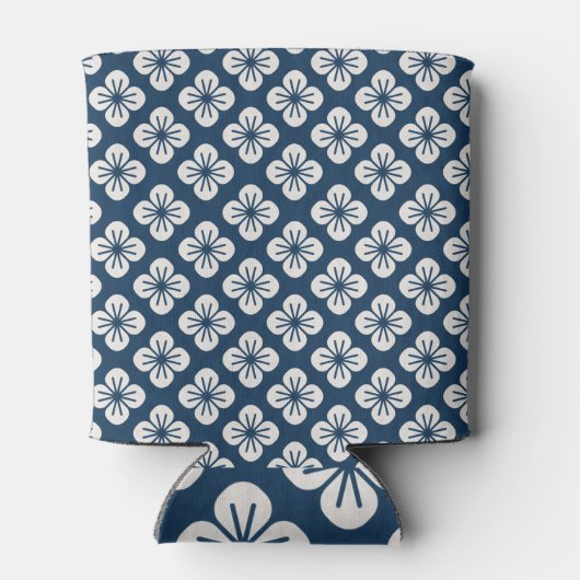 Japanese Navy Blue Ivory Floral Geometric Pattern 缶クーラー (裏面)