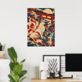 Japanese Nine Tailed Fox Kitsune Shrine Moon Art ポスター (ホームオフィス)