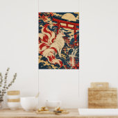 Japanese Nine Tailed Fox Kitsune Shrine Moon Art ポスター (キッチン)