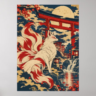 Japanese Nine Tailed Fox Kitsune Shrine Moon Art ポスター