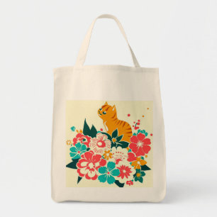 Japanese old scool cat and flowers トートバッグ