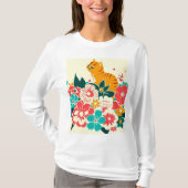 Japanese old scool cat and flowers tシャツ (正面)