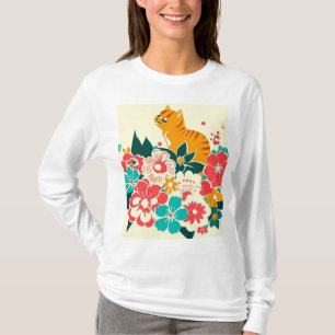 Japanese old scool cat and flowers tシャツ