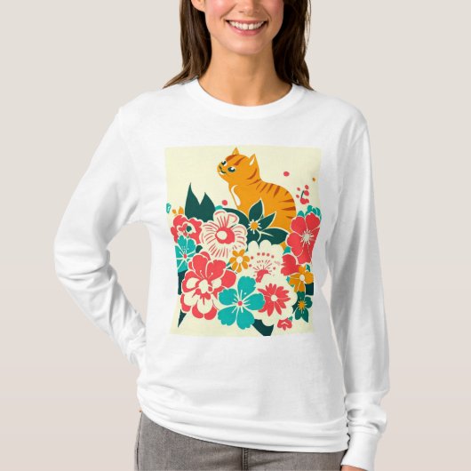 Japanese old scool cat and flowers tシャツ (正面)
