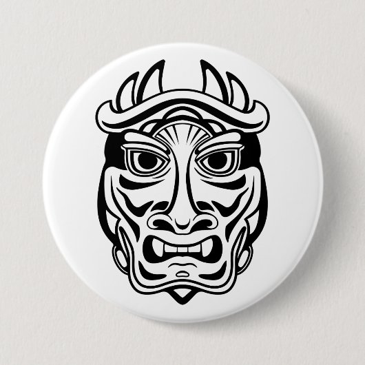 Japanese Oni Mask Tribal Demon Line Art 缶バッジ (正面)