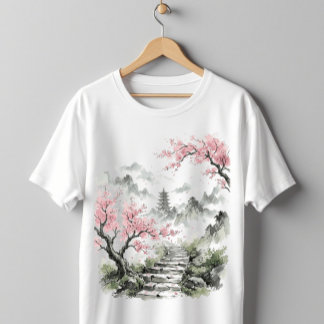 Japanese Pagoda & Cherry Blossom Watercolor Art Tシャツ