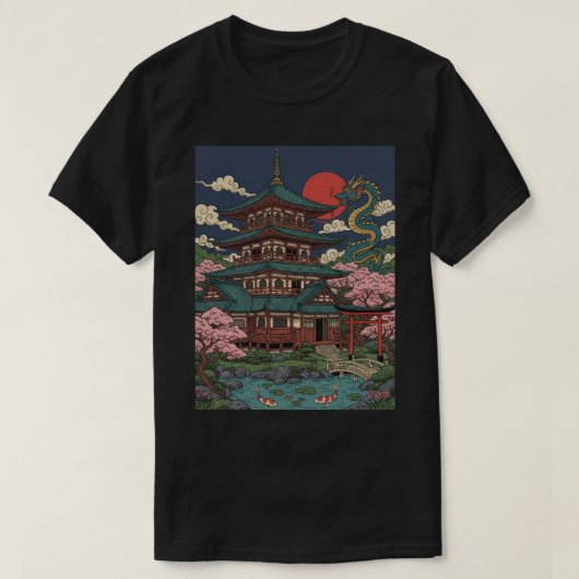Japanese Pagoda Dragon Sunset Tシャツ (デザイン正面)