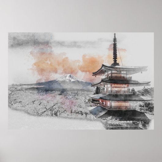 Japanese Pagoda with Mount Fuji – Minimalist  ポスター (正面)