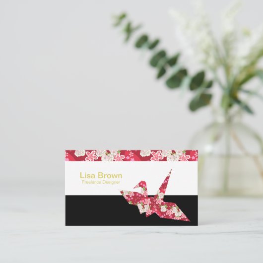 Japanese pattern red origami crane business card 名刺 (スタンド正面)