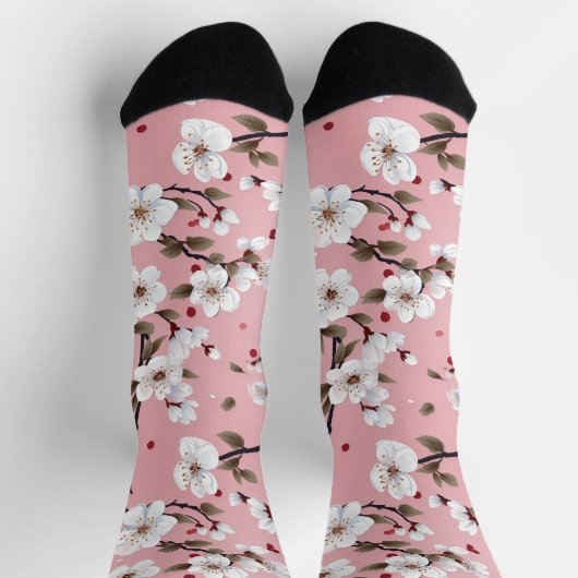 Japanese Pink Cherry Blossom Sakura Floral Spring  ソックス (上部)