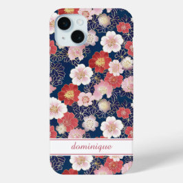 Japanese Pink Floral Pattern Monogrammed iPhone 15 Miniケース